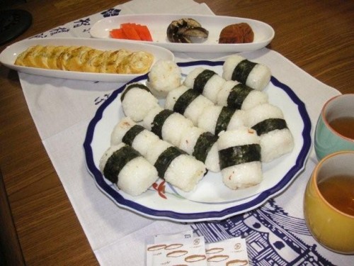 Onigiri Lunch with Japanese Rolled Omelet and three kinds of Japanese pickle